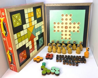 Peruvian Handmade Solid Wood Board Game 3 in 1: Solitaire, Wolf and Sheep, Ludo