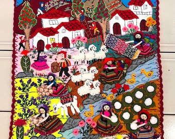 Applique Quilt murale 20"x30" - Arpillera-3D ricamato a mano villaggio peruviano tessuto collage tessile Perù arte popolare andina (13) fatto a mano