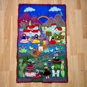 Applique Quilt wall Mural 20&quot;x30&quot;- Arpillera-3D Hand Embroidered Peruvian Village Peru textile collage fabric Andean Folk Art (335) Handmade