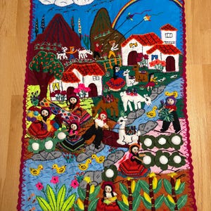 Boho Arpillera Wall Hanging from Peru Appliqué – 3D Village Scene Quilt, Hand Embroidered Folk Textile Art, 20&quot;x30&quot; Unique Gift Idea