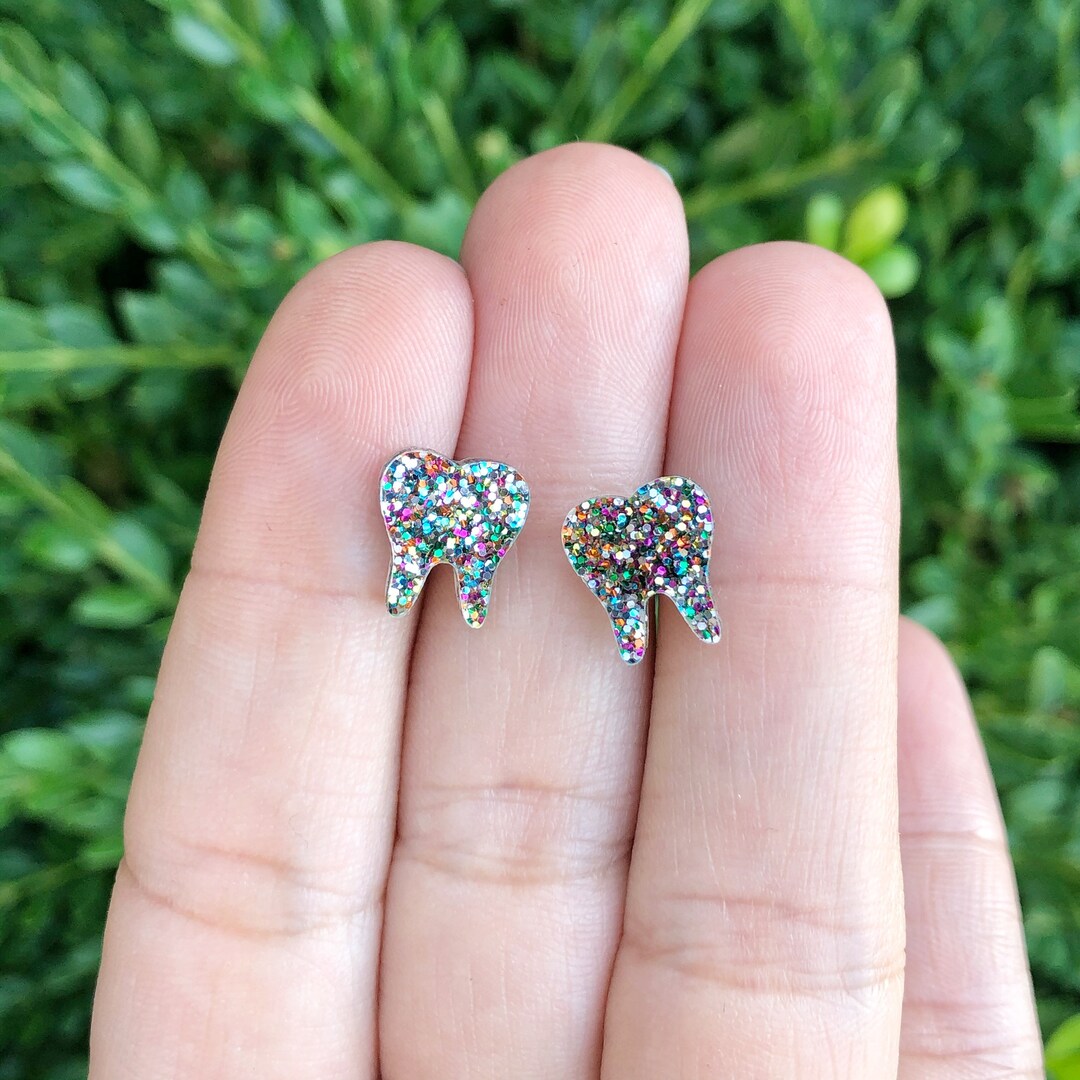 Tooth Stud Earrings, Dental Gift, Confetti Sparkle Molar Post Earring