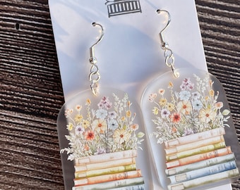 Book Dangle Earrings, Floral Books, Book Club Gift for Her, Teacher or Librarian Gift