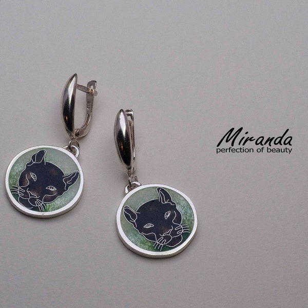 Black Leopard - Double Side Cloisonne Enamel Earrings, Wearable Art Jewelry