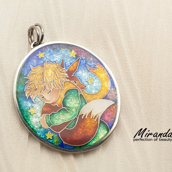 RESERVED_The Little Prince-Double Sided Cloisonne Enamel Pendant, Wearable Art, Charm Jewelry, Handmade silver