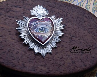 Flaming Heart Pendant, Cloisonne Enamel, Handmade Silver Jewelry