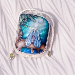 Fairy in the moonlight, Cloisonne Enamel Pendant, Wearable Art, Unique Jewelry gift for her, Handmade Silver