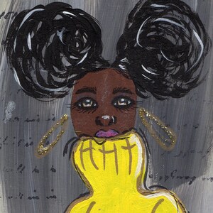 May include: A painting of a person with black hair in two buns wearing a yellow turtleneck sweater, a teal skirt with gold trim, and black fishnet stockings.