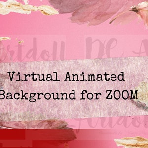 May include: A pink and gold abstract background with feathers and the text "Virtual Animated Background for ZOOM" on a white label.