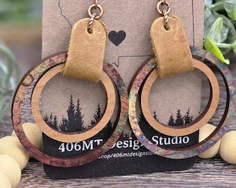 Boho Trendy Oil Slick Wood and Leather Hoops  Earrings