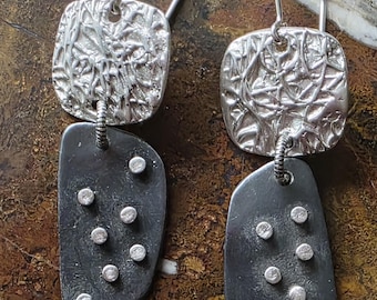 Artisan Oxidized Fine Silver Modern Double Drop Earrings