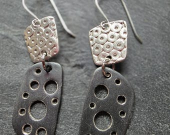 Oxidized Artisan .999 Fine Silver Modern Organic Double Drop Earrings