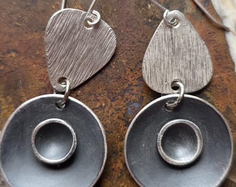 Artisan Concentric Circles Oxidized Fine Silver  Double Drop Earrings