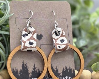 Boho Chic Wood Hoops with Bold Leopard Leather