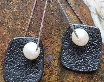 Artisan Oxidized Fine Silver Earrings with Pearls and Argentium Silver Ear Wires