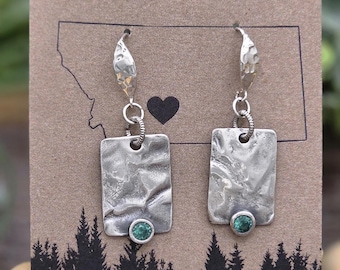 Fine Silver Dangle Earrings with Hammered Texture and Synthetic Paraiba Tourmaline, Artisan