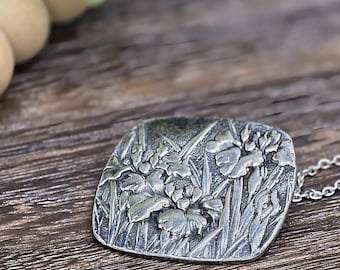 Garden of Irises in .999 Fine Silver Pendant, Artisan