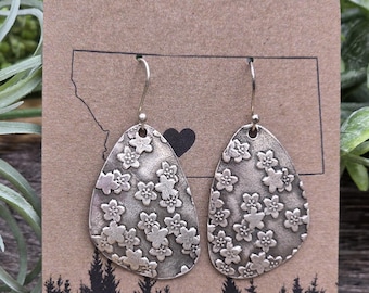 Silver Flower Textured Dangle Earrings