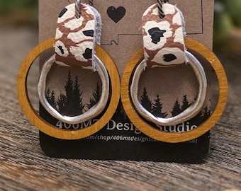 TRENDY Boho Chic Leopard, Wood and Metal Hoop Earrings