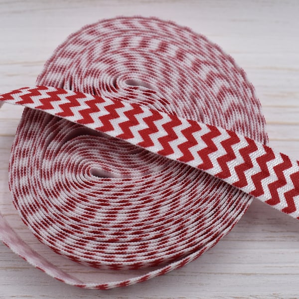 5/8 Red and White Chevron Fold Over Elastic Ribbon | 5/8 Decorative Fold Over Elastic Ribbon | FOE Stretch Ribbon