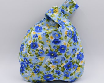 Reversible Small Floral Knot Bag | Japanese Knot Bag | Small Knitting Project Bag | Small Crochet Project Bag