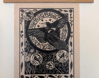 Three Crows: Harbingers of Change - original lino print