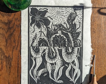 The Sea Serpent - lino print / original art