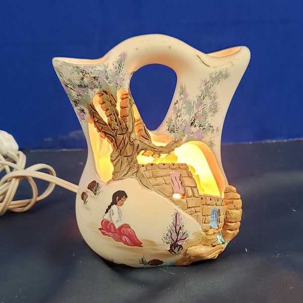 Tu-Su's Native American Indian 3D Ceramic Open Picture Art Lamp Signed Night Light