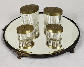 Antique Cut Crystal Glass 9-Piece Vanity Set Brass Covers and 14&quot; Mirror