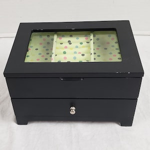 Vintage Wood Jewelry Box Glass Top Polka Dot Fabric 5&quot; x 8.5&quot; x 6&quot;