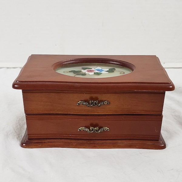 Vintage Wood Jewelry Box Single Drawer W/Painted Glass Lid 8" x 4" x 5"