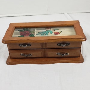 Vintage Wood Jewelry Box Single Drawer W/Painted Glass Lid 10&quot; x 4&quot; x 5&quot;