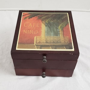 Vintage Wood Jewelry Box Glass Tile Low Profile Fabrire De Villeneuve 5&quot; x 7.5&quot; x 8&quot;