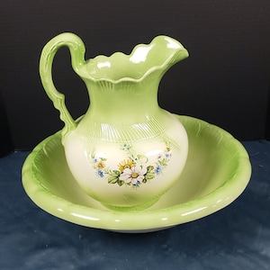 Vintage Ironstone 1890 England Colbalt Green Basin & Pitcher England