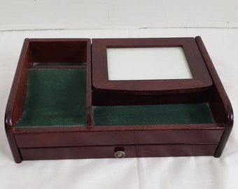 Vintage Wood Jewelry Box with Hinged Lid & Single Drawer 11" x 7" x 3"
