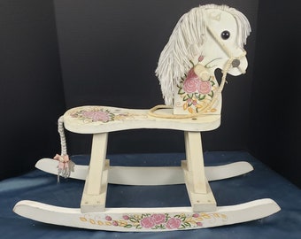 Children's Girl's White & Pink Hand Painted Floral Wood Rocking Horse Rocker Yarn Mane