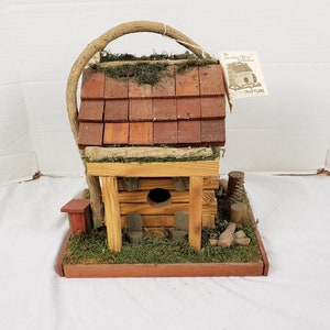 Vintage Detailed Bird House Hand Made Wooden Cabin with Stone Chimney 13" x 12" x 9"