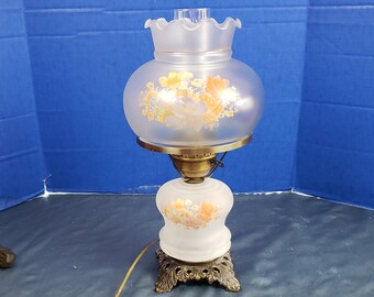 Vintage Hurricane Lamp with Frosted Floral Glass Shade 17" Tall