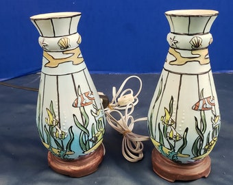 Pair of Vintage Hand Painted Lamp Ceramic Tropical Fish Scene 9.5”