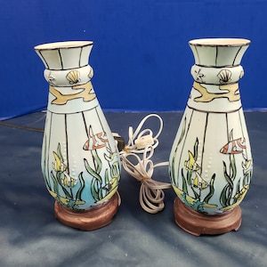 Pair of Vintage Hand Painted Lamp Ceramic Tropical Fish Scene 9.5”
