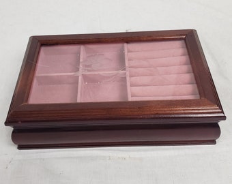 Vintage jewelry box etched glass top 11" x 7" x 3"