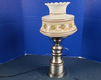 Vintage Hurricane Pewter Table Lamp with painted glass shade 22" Tall