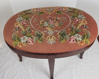 Early American Mahogany Needlepoint Footstool Footrest 19&quot; x 22&quot; x 16&quot;
