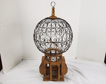 Antique Victorian Hot Air Balloon Style Bird Cage Wood and Wire Sphere 26&quot; x 12&quot;