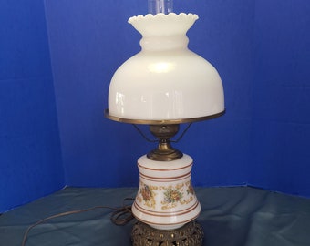 Antique Glass Parlor Hurricane Lamp Painted Floral Pattern 21"