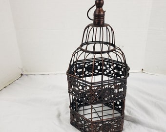 Vintage Metal Black Wire Six-Sided Bird Cage 16" Tall