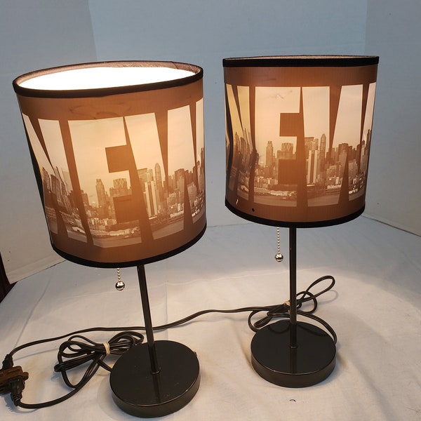 Pair of Table Lamps New York City Lampshades 17" Tall