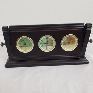 vintage walnut standing temperature humidity and clock stand 12.5" x 6"