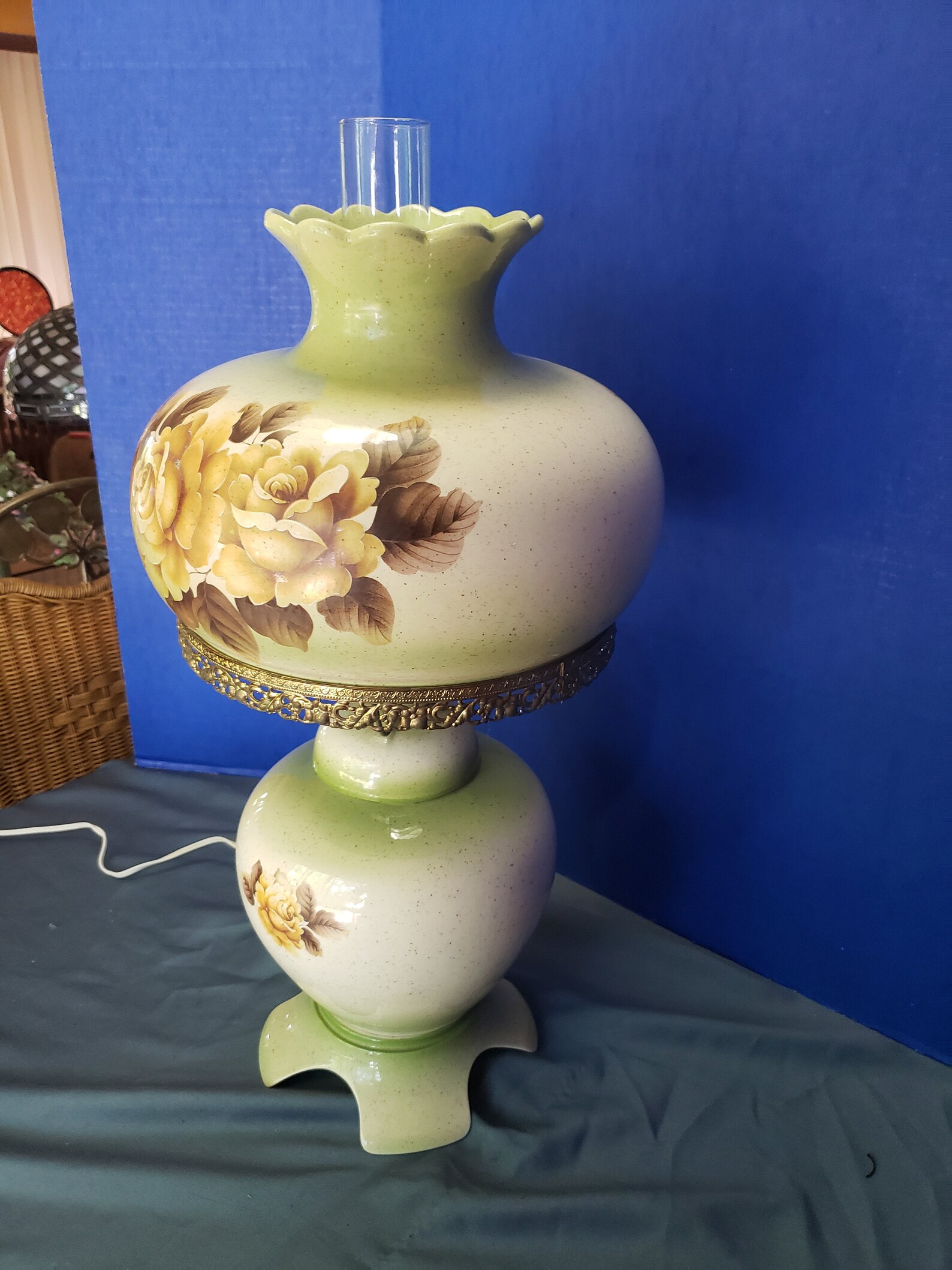 Vintage Hurricane Table Lamp Green Hand Painted Roses Large Etsy