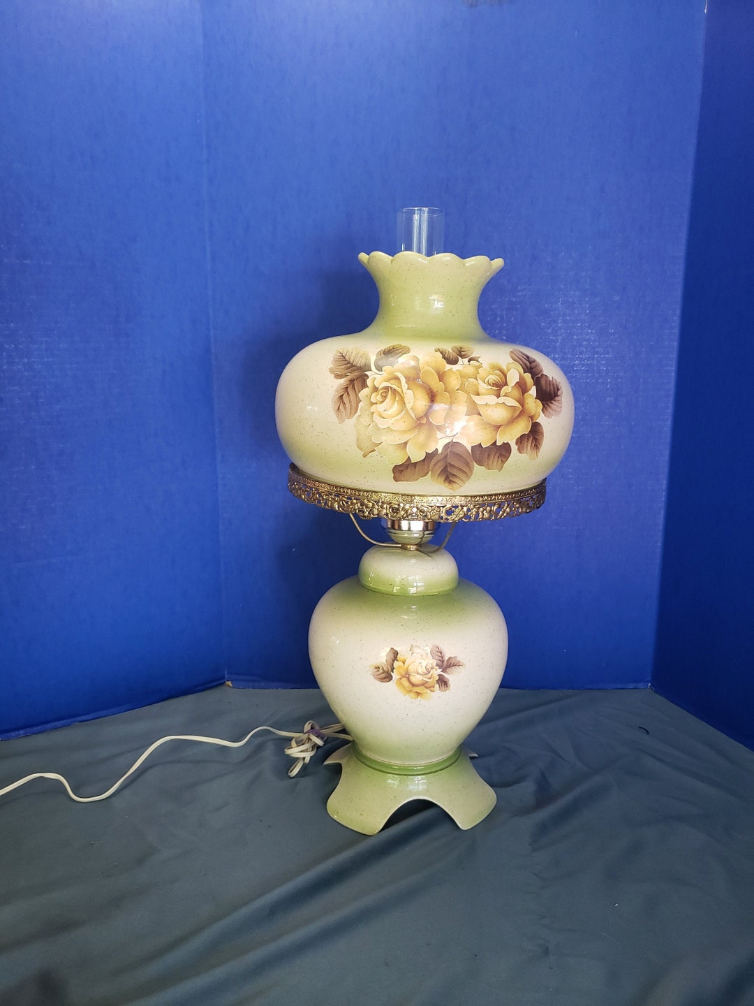 Vintage Hurricane Table Lamp Green Hand Painted Roses Large Etsy