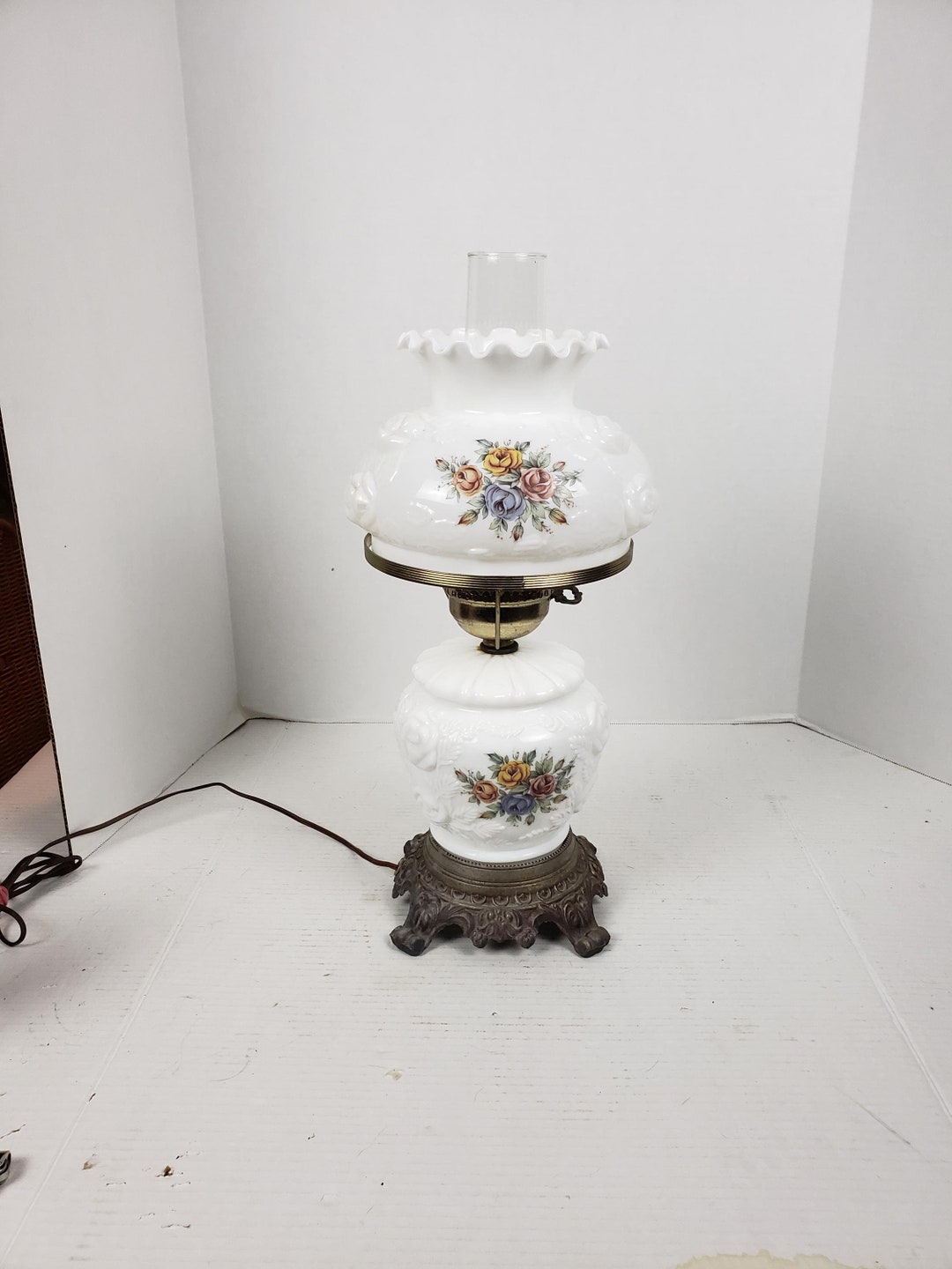 Vintage Milk Glass Hurricane Lamp Embossed Roses 19 Tall - Etsy